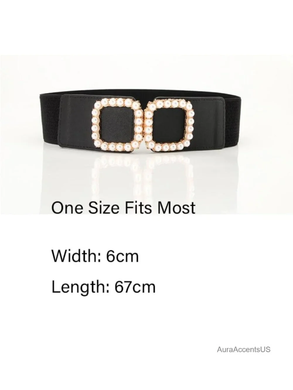 Wide Elastic Waist Belt with Pearl Square Buckle Stretchy Accessory